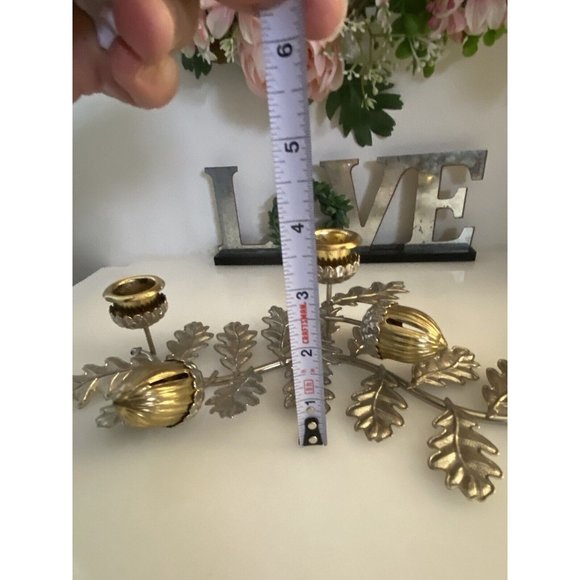 Silver & Gold Tone Horizontal Candlestick Stick Holder Leaf w Hazelnut Design - Picture 9 of 16